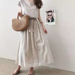 허리 스트링 내추럴 슬림 반팔 플레어 롱 원피스