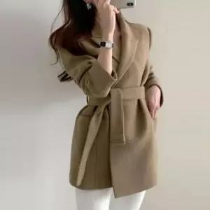 세련된코트 허리벨트 모직코트 단추없는 코트 미디기장 랩st 여성코트