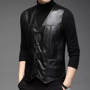 남성조끼 리얼 가죽 조끼 캐주얼 브이넥 양 나시 민소매 심쿵빛