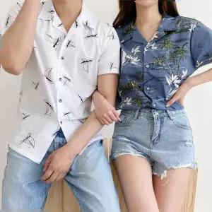 커플셔츠 야자수 요트 디자인 커플 셔츠 신혼여행룩 시밀러룩