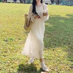 여성 우아한 여신룩 쉬폰 브이넥 긴팔 셔링롱원피스