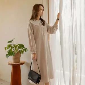 [하프클럽/]이낸 주름 카라 리본 배색 원피스