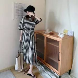 반팔 스트라이프 롱원피스 허리조임 데일리롱원피스