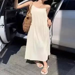 여자 2컬러 휴양지룩 주름 플리츠 끈나시 롱원피스