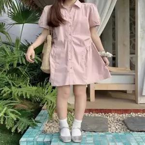 여자 데이트룩 꾸안꾸 여유핏 카라 셔츠 셔링 원피스