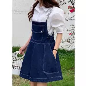 여성 귀여운 걸리쉬 데님멜빵치마 포켓 데님원피스