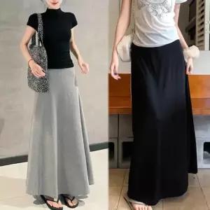 허리 밴딩 롱 스커트 에이 라인 검정 치마 고무줄
