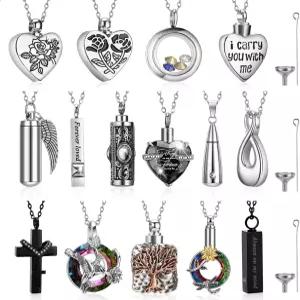 에케이션 15개 유골함 목걸이 여성 유품 화장 보석 스테인리스 스틸 크로스 하트 큐빅 로켓 인간 사랑하는