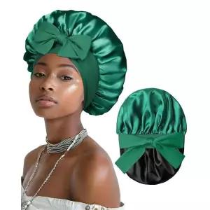 여성용 새틴 보닛 실크 보닛 수면 곱슬머리 보닛 타이 밴드 이중 레이어 수면 캡 헤어 랩, 블랙 + 그린