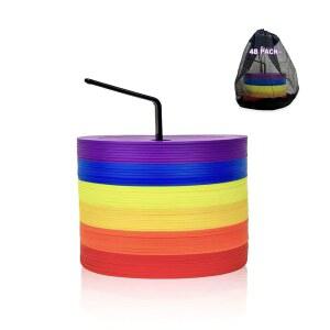 Ashsajkd 48 팩 6 인치 플랫 축구 콘, 구멍이 있는 다양한 색상의 비스키드 스팟 마커, 스포츠 훈련용 축구, 야구, 민첩성 훈련 장비