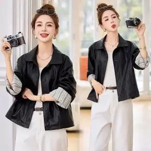 블랙 여친 봄 캐주얼 레더 가죽 자켓 스트라이프 PU 코트 루즈핏 상의 SPO마켓1