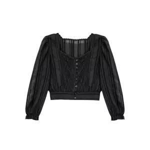 숏기장 여신 블랙블라우스 스퀘어넥 레이스 블랙