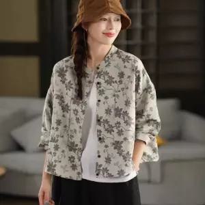 빈티지 캐주얼 스트링 여자재킷 스탠드넥 자카르 싱글 코트 리넨 린넨마 밑단 원템1