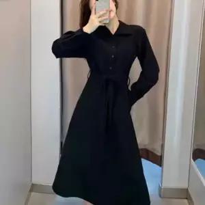 블랙 카라 허리끈 롱 원피스 가을 겨울 캐주얼 베이직