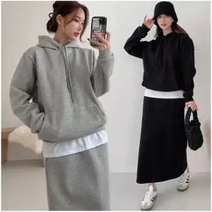 [렛잇샤인]빅사이즈 리피 이너 레이어드 후드티+롱스커트 상하의세트