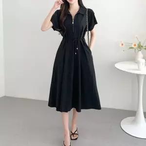 [라일리의류] Rly 카라 집업 셔링 반팔 A라인핏 미디 원피스