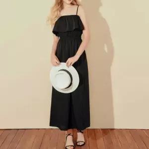 ONM 여성 밴딩 프릴 끈나시 점프수트 민소매 와이드핏