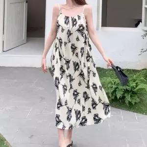 ONM 바캉스룩 플라워 패턴 여자 플리츠 주름 롱원피스