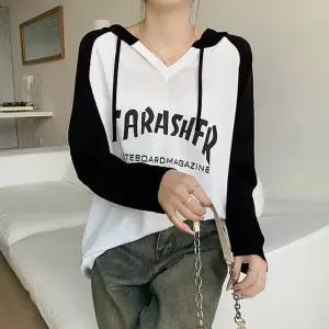 ONM 니트 소재 디자인 브이넥 후드 긴팔 티셔츠