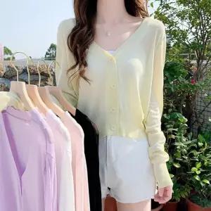ONM 파스텔톤 여성 긴팔 브이넥 가디건 얇은 시스루
