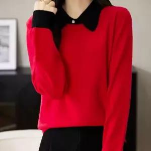 ONM 오피스룩 심플핏 여성 카라 배색 심플 니트 레드