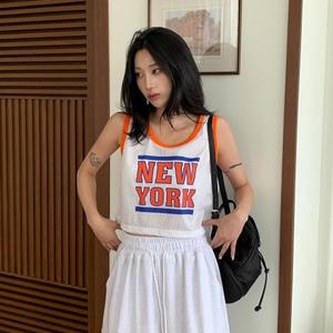 [다잇템] 여성 필기체 슬리브리스 스포티 망사 콘트라스트 크롭티