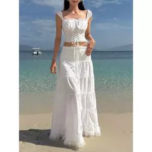 [비바럽]컨트리 코르셋 투피스 OP20314F 여름 오프숄더 롱 화이트 리본 레이스 캉캉 스커.._P397263748