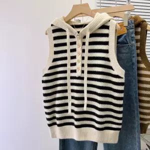 마쉬멜로 니트 조끼 스트라이프 후드 베스트