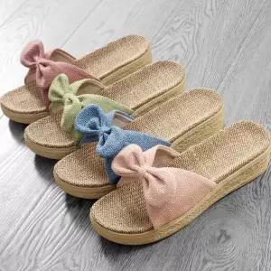 준캡  굽있는 거실실내화 통굽슬리퍼 왕골슬리퍼 린넨리본(굽4cm)