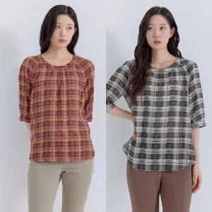 지센 [25FW] 여성 면100 체크 라운드넥 셔츠 LCWSP826