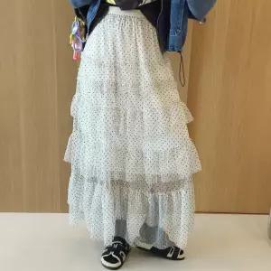 퍼레이드 도트 패턴 프릴 캉캉 A라인 샤 밴딩 봄 롱스커트 (2color)