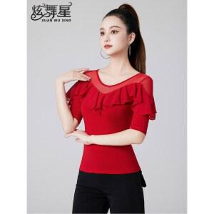 라인댄스 상의 반팔 댄스복 블랙 브라이트레드 티셔츠 러플