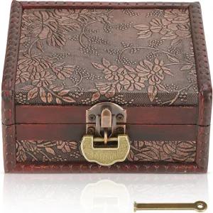 자물쇠와 열쇠가 있는 HERCHR 빈티지 장식 나무 상자 힌지 뚜껑 보석이 보관 보물