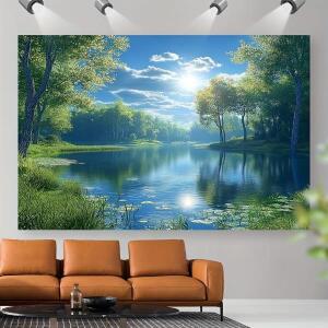 1개 생동감 넘치는 여름 숲 호수 풍경 태피스트리 - 평화로운 파란 물과 풍성한 녹색이 있는 내구성 폴리에