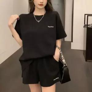 여성 데일리 반팔 반바지 여름 여성 와플 세트 트레이닝 라운드 레터링 상하 웨어 쇼츠