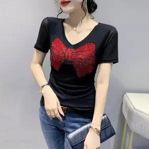 라인댄스복 상의 반팔 티셔츠 슬림핏 리본포인트 프린트