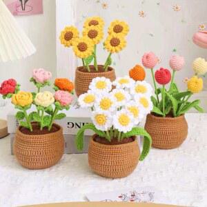 완성품 코바늘뜨기 꽃다발 뜨개꽃 원 원 뜨개꽃다발 DIY 선물 완제품 코바늘 뜨개질 튤립