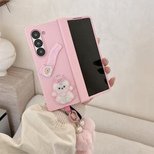 귀엽고 달콤한 핑크색 케이스 리본 강아지 브래킷 털뭉치 진주   삼성 호환 갤럭시 Z 폴드7 6 5 4 3 커버호