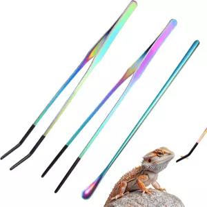 Qianyu 3PCS 스테인리스강 파충류 먹이 집게 10.6인치 스트레이트 및 곡선 핀셋 고무 팁 숟가락 탱크