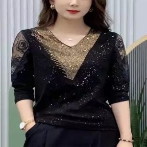 브이넥 칠부 티셔츠 상의 블링블링 라인댄스복 여름 여성 스팽글 사교 밸리 줌바댄스 무대복