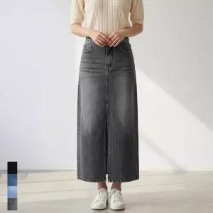 여성 데님 롱 스커트 H라인 청치마 허리 뒷 밴딩 앞 트임 빅사이즈 블랙 그레이 연청