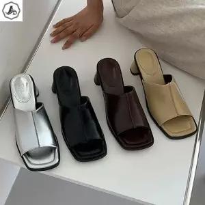 [애슬릿] 뮬 구두 골드 실버 메탈릭 미들힐 슬리퍼 6cm