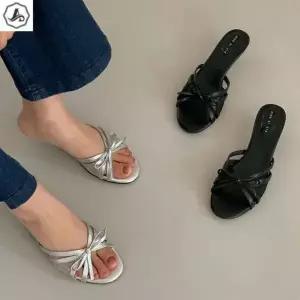 [애슬릿] 뮬 힐 리본 메탈릭 슬리퍼 키높이 구두 4cm