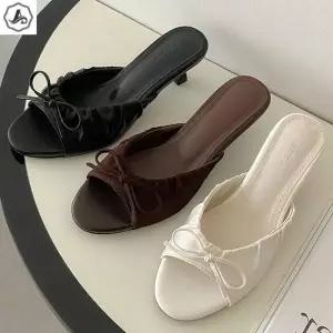 [애슬릿] 뮬 힐 리본 셔링 주름 키높이 발편한 슬리퍼 5cm