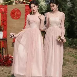 핑크 긴팔 드레스 연주회 브라이덜 웨딩 디너 스퀘어넥 들러리 하객룩