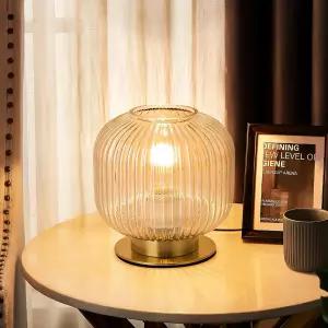 NKU 미드 센추리 모던 테이블 램프 앰버 리브 유리 그늘막 및 골드 마감 침실 거실 사무실 책장을 위한