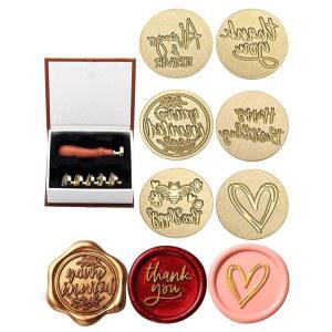 옵션 왁스 씰 스탬프 선물 상자 키트, 6피스 축복 씰링 왁스 스탬프 헤드, 나무 손잡이 세트 1개, 봉투용 왁스 스탬프 키트 초대장 선물 장식 (구문 시리즈)