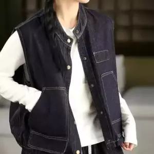 볼사스 빈티지 캐주얼 여자 청 조끼 카디건 포켓 민소매 워싱 빅 효소 아우터 ADOR1