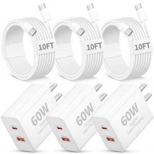 17 16 15 프로 맥스 충전기 고속 충전 17 /17 프로 맥스 /17 e /16 /15 /프로 /플러스 프로 13 /12.9 /11용 10FT 롱 타입 C 충전 케이블 포함 3팩 60W 듀얼 포트 USB C 월 충전기 블록