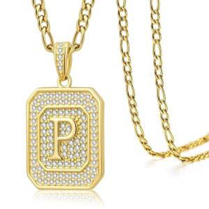 남성 여성 JIYVY32 이니셜 레터 펜던트 목걸이 피가로 체인이 있는 14K 골드 네모 스퀘어 모노그램 알파벳 목걸이 엄마를 위한 어머니의 날 생일 선물